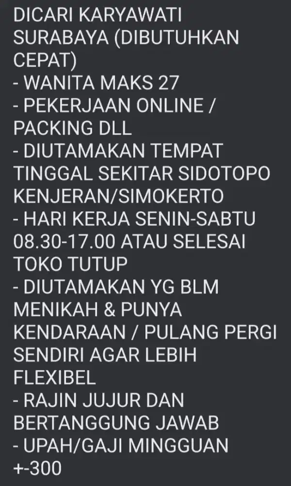 Karyawati packing online dll surabaya sidotopo kenjeran