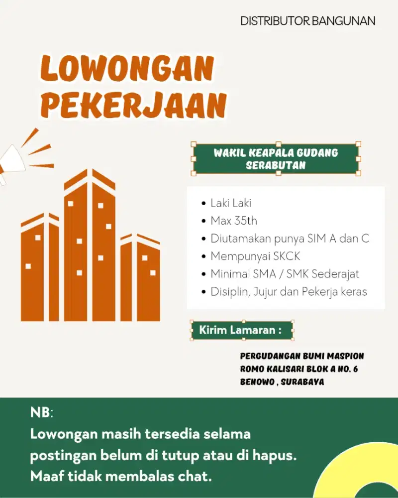 Lowongan KEPALA GUDANG SERABUTAN