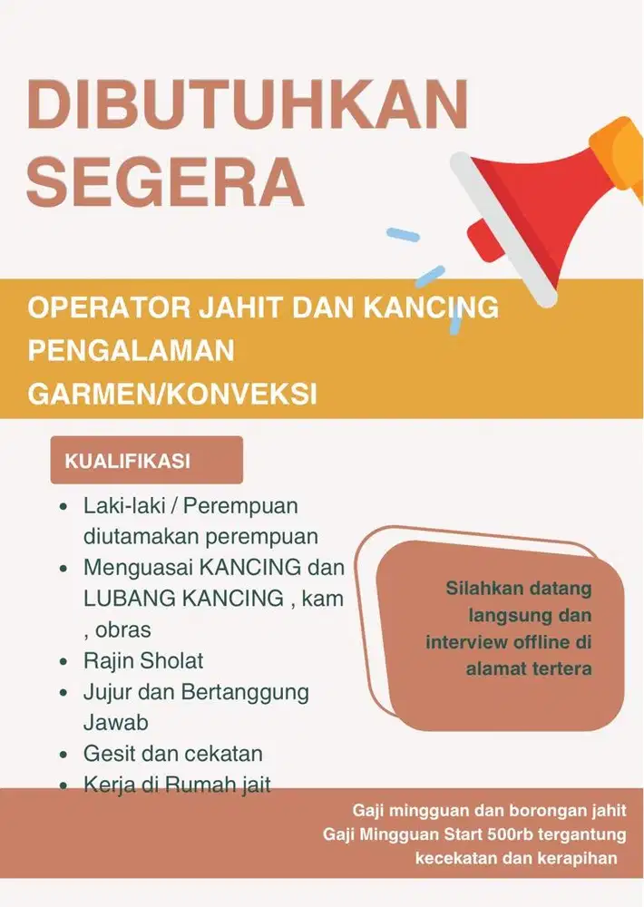 DIBUTUHKAN OPERATOR KANCING LUBANG JAHIT