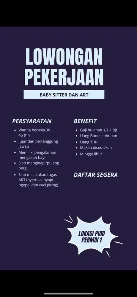 Dicari baby sitter+ART segera