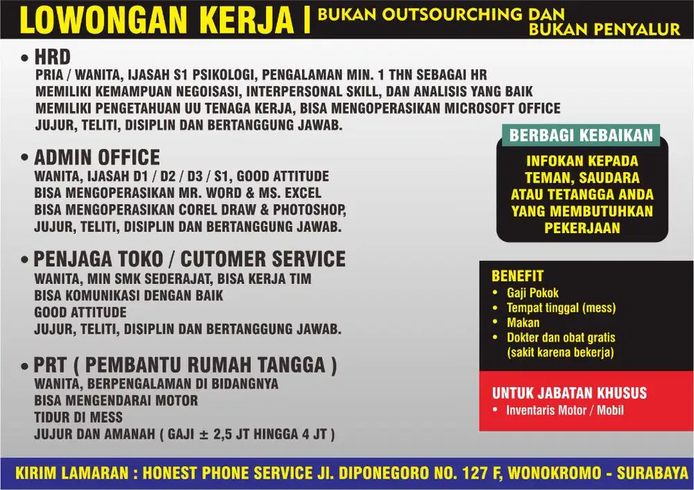 Lowongan kerja di Sodoarjo Jawa Timur