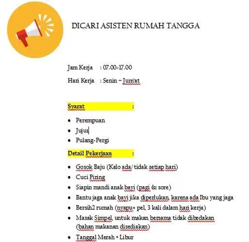 Dicari Asisten Rumah Tangga