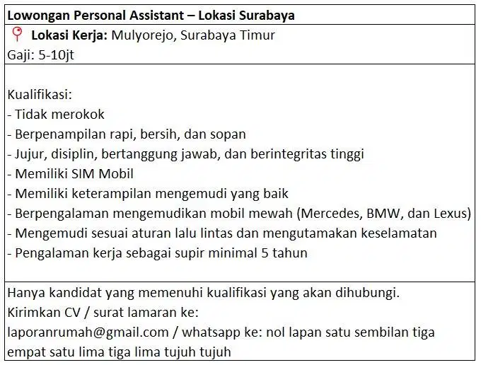 (SUDAH DITUTUP) Lowongan Supir Pribadi – Surabaya Timur