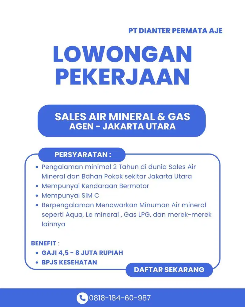 LOWONGAN SALES - AGEN AIR MINERAL KEMASAN & GAS