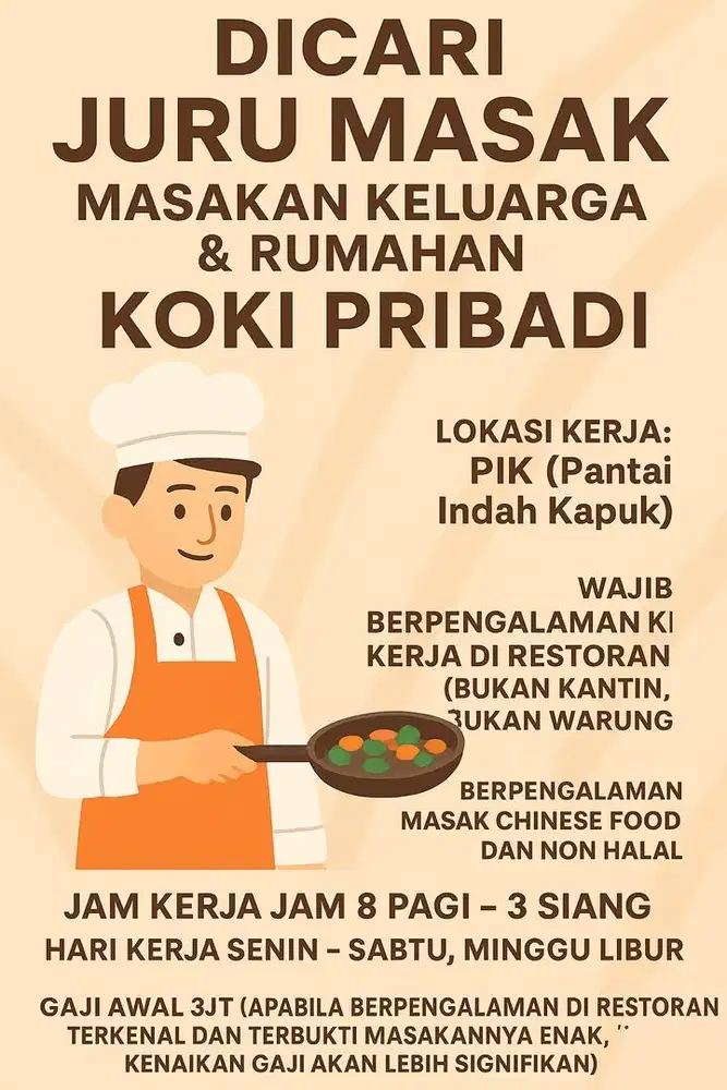 loker juru masak koki pribadi untuk rumahan PIK jakut bukan restoran