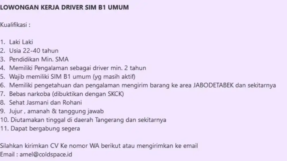 Lowongan Driver Supir Truk SIM B1 umum