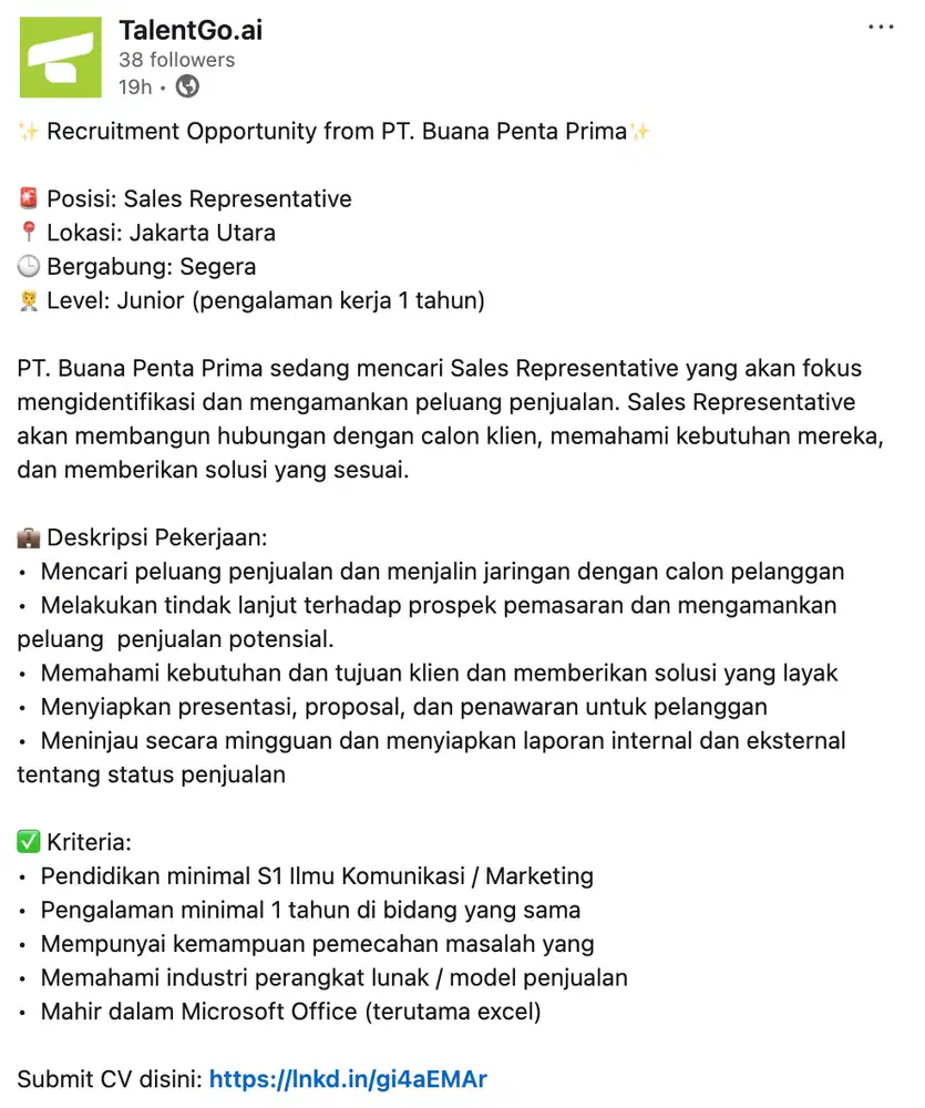 Sales Supervisor (Dari Perusahaan PT. Buana Penta Prima)