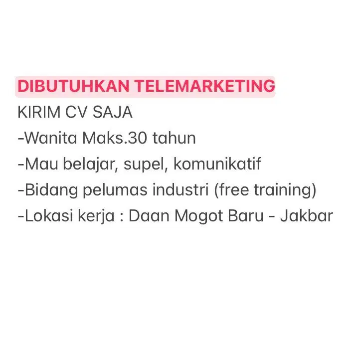 DIBUTUHKAN SEGERA SALES MARKETING / TELEMARKETING / SALESMAN