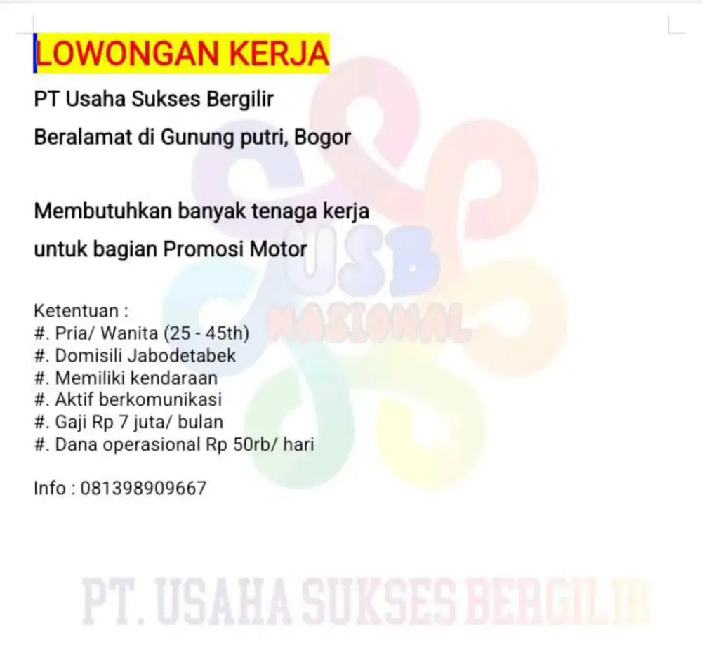LOWONGAN KERJA SEGERA