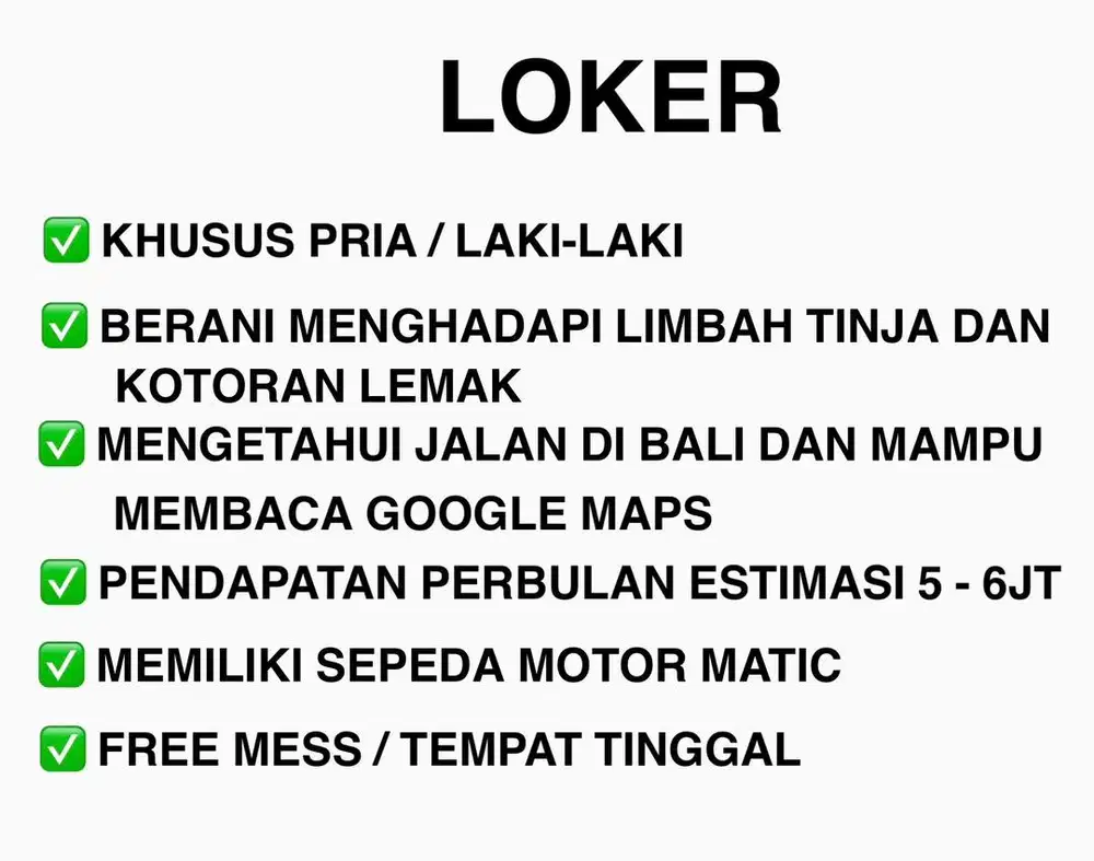 Lowongan Pekerjaan LOKER Dicari pekerja untuk bekerja di Denpasar Bali