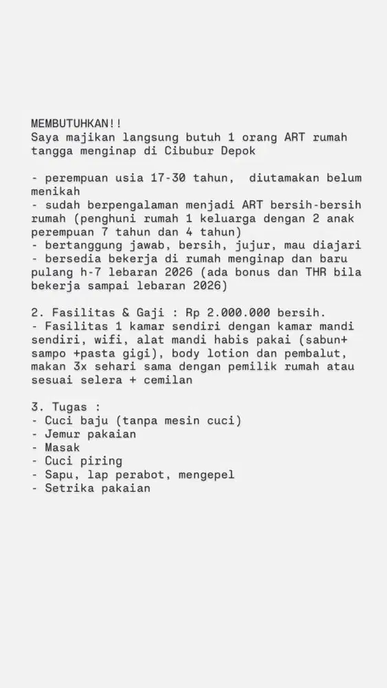 Lowongan 1 orang ART wanita menginap
