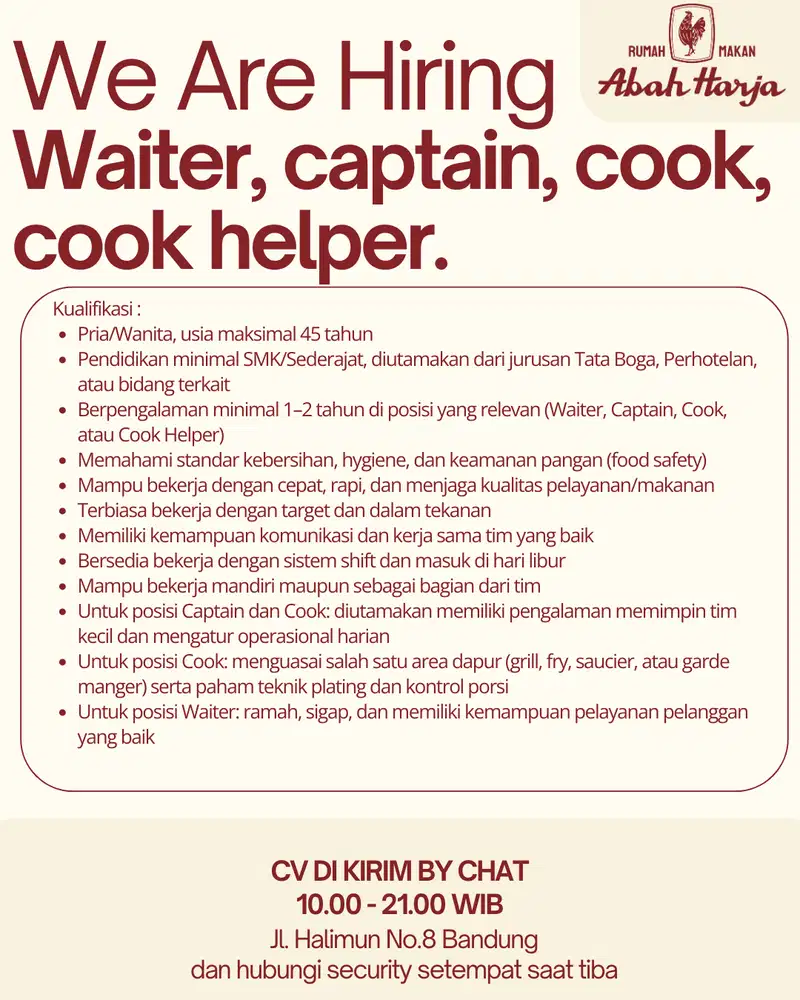 LOWONGAN HANYA UNTUK COOK & COOK HELPER