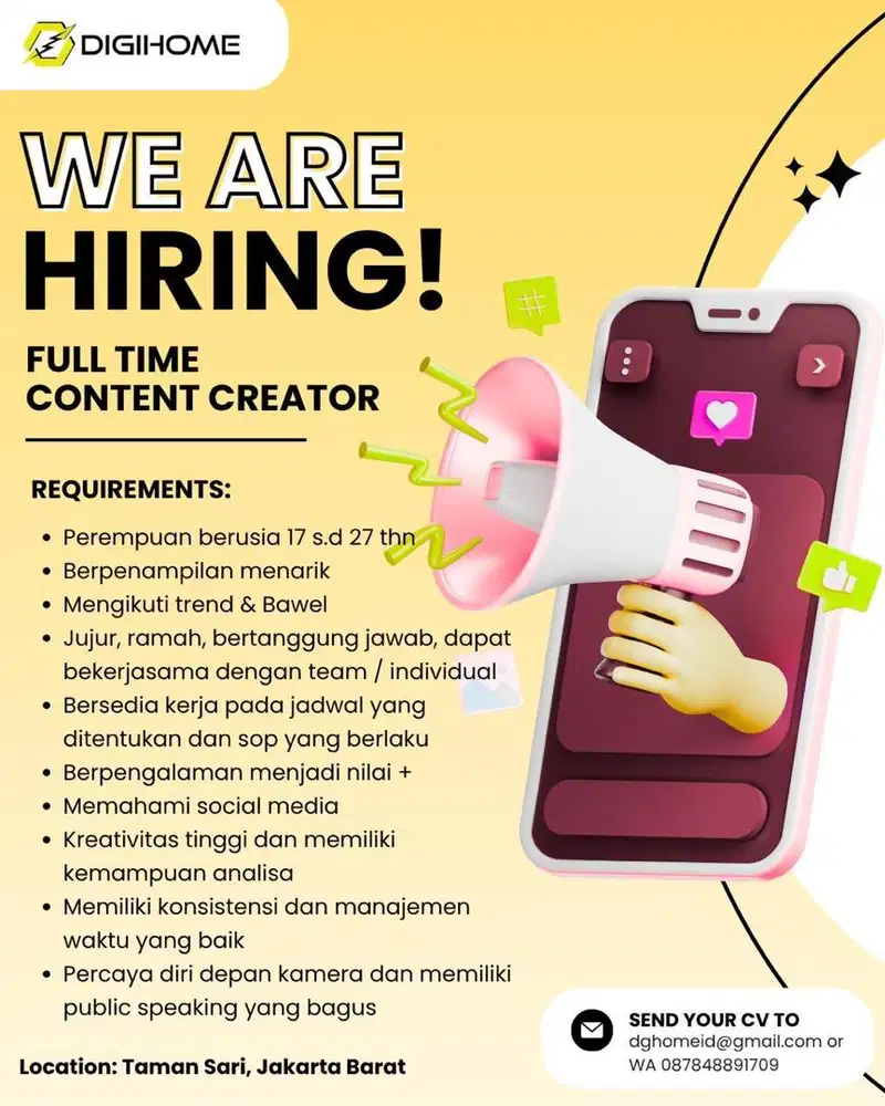 LOWONGAN CONTENT CREATOR / VIDEO EDITOR / SOCIAL MEDIA SPECIALIST
