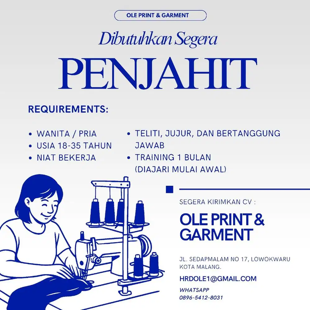 Dibutuhkan penjahit segera