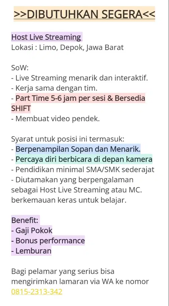 Lowongan Host Live Streaming