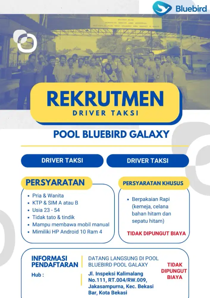 Lowongan driver taksi Bluebird pool galaxy, bekasi