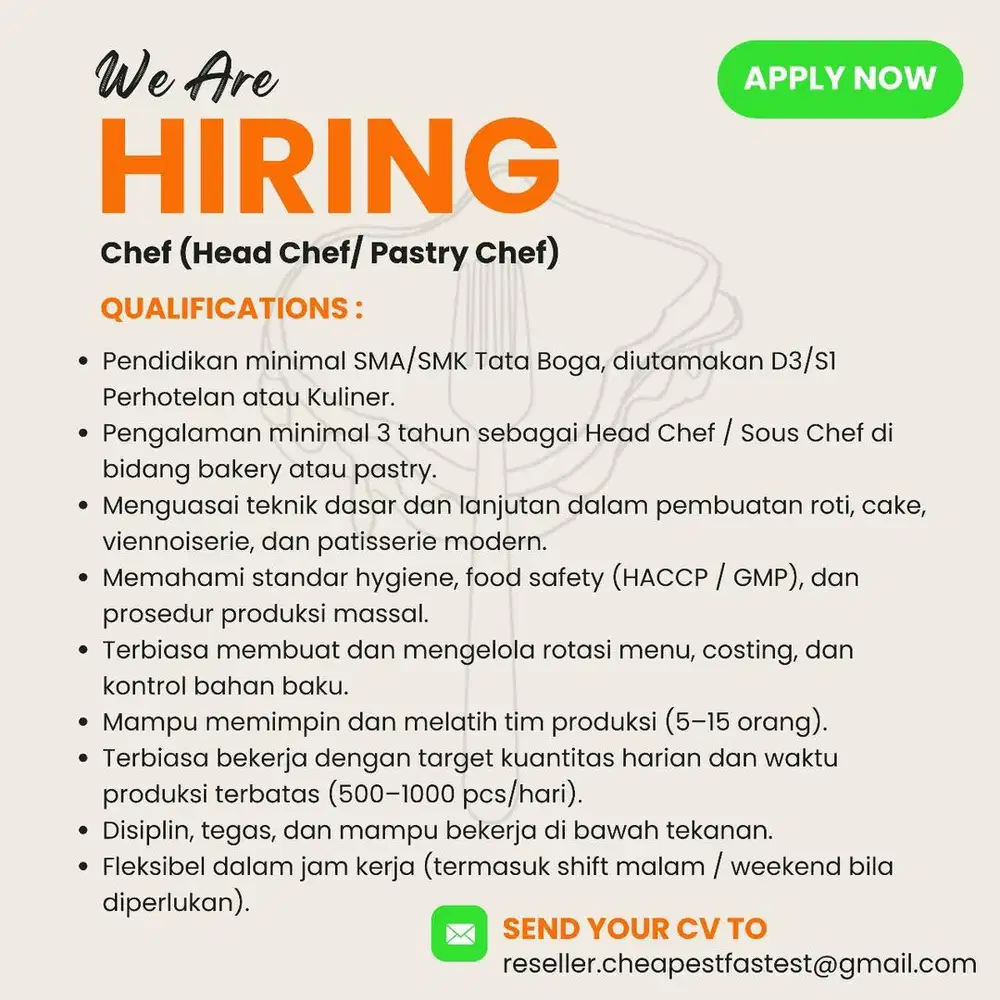 Urgently Needed! Chef pastry dan Chef Nusantara/ Jajanan Pasar