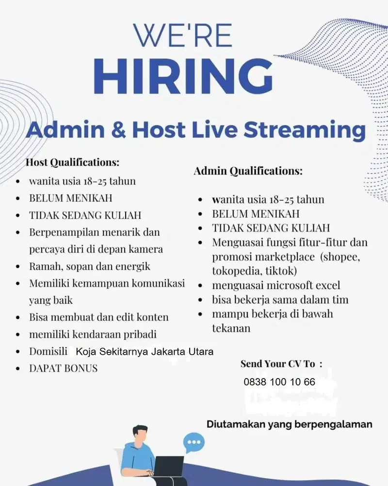 dibutuhkan admin online sosmed & host live steaming