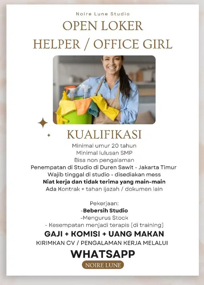 Loker Helper / Office Girls / Bebersih / ART Lowongan Kerja Jakarta