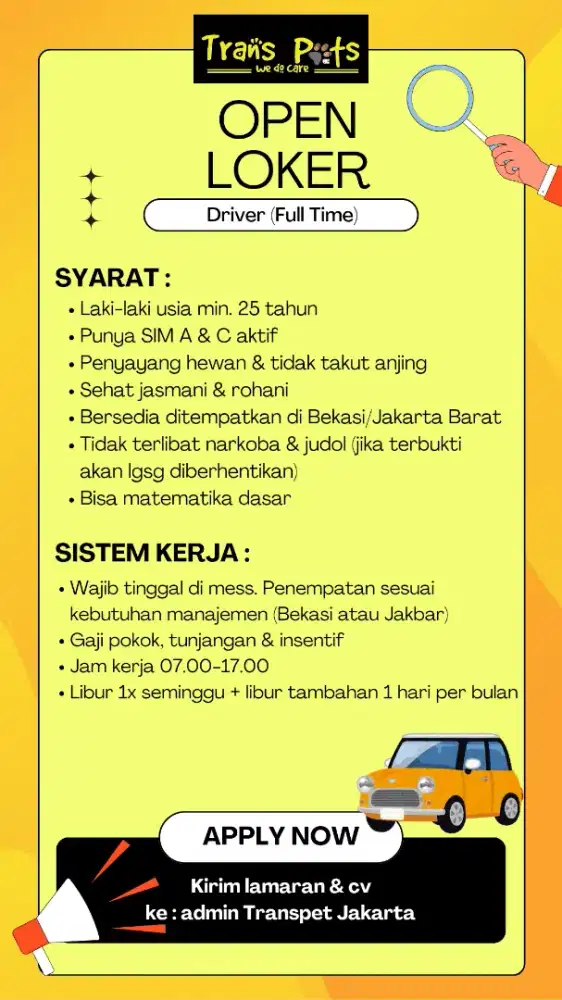 Lowongan Driver PetTransport (Full time) & Catsitter (Part time)