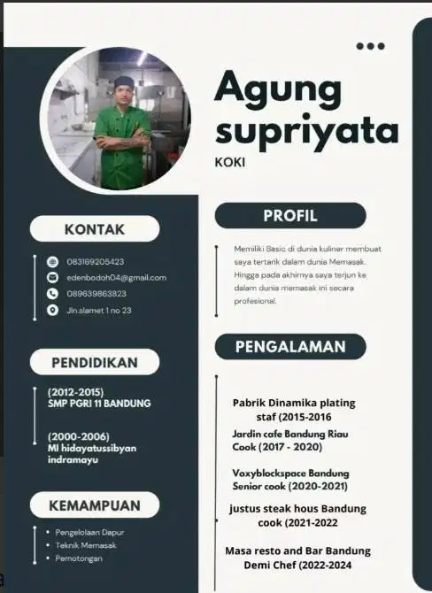 Mencari pekerjaan apapun . Mau di bidang kithen/dapur atau yang lainya