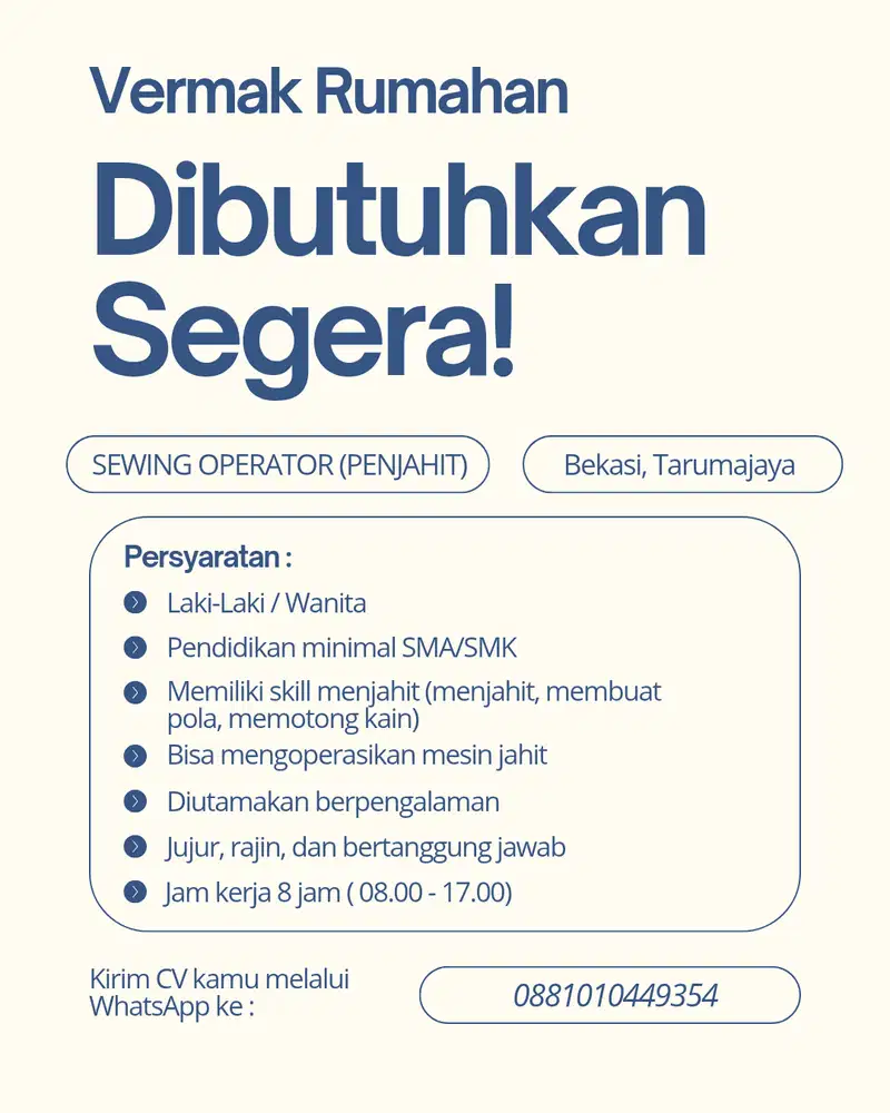 DIBUTUHKAN SEGERA SEWING OPERATOR (PENJAHIT)