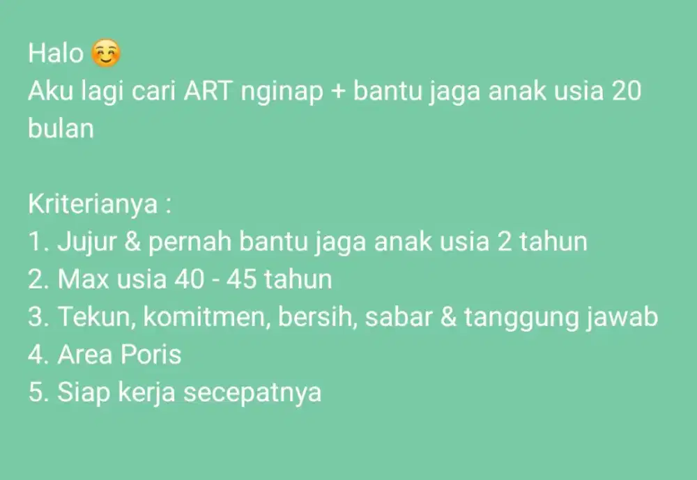 DICARI ART nginap + jaga anak usia 20 bulan