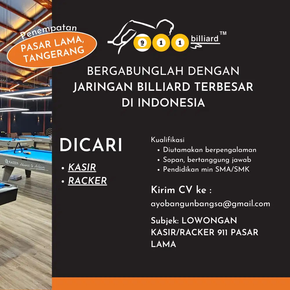 Lowongan Kerja Racker & Kasir Billiard Cabang Pasar Lama, Tangerang