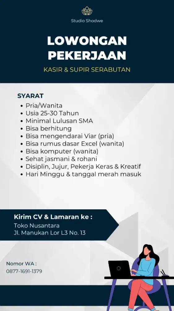 Lowongan pekerjaan kasir/supir serabutan