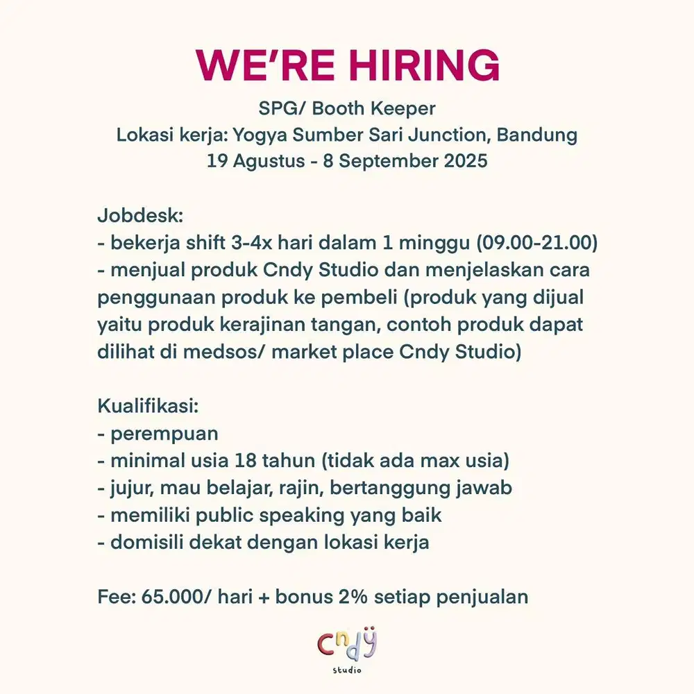 Dicari segera SPG Wanita, Lokasi: Yogya Sumber Sari Junction