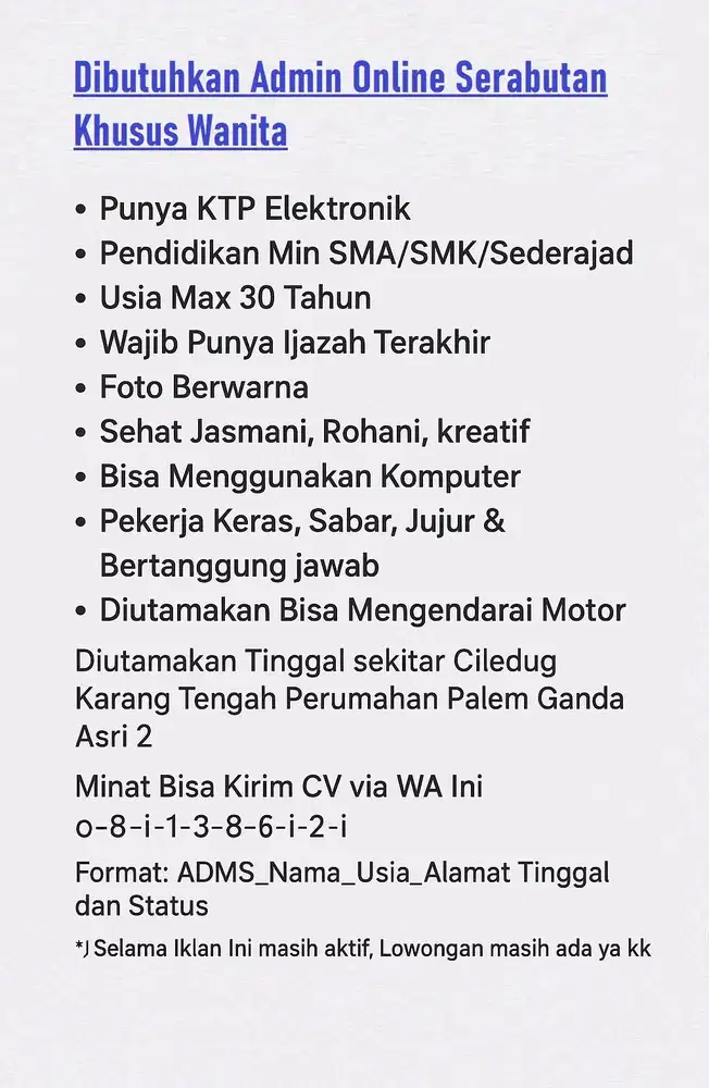 Dibutuhkan Admin Online Shop Serabutan Khusus Wanita