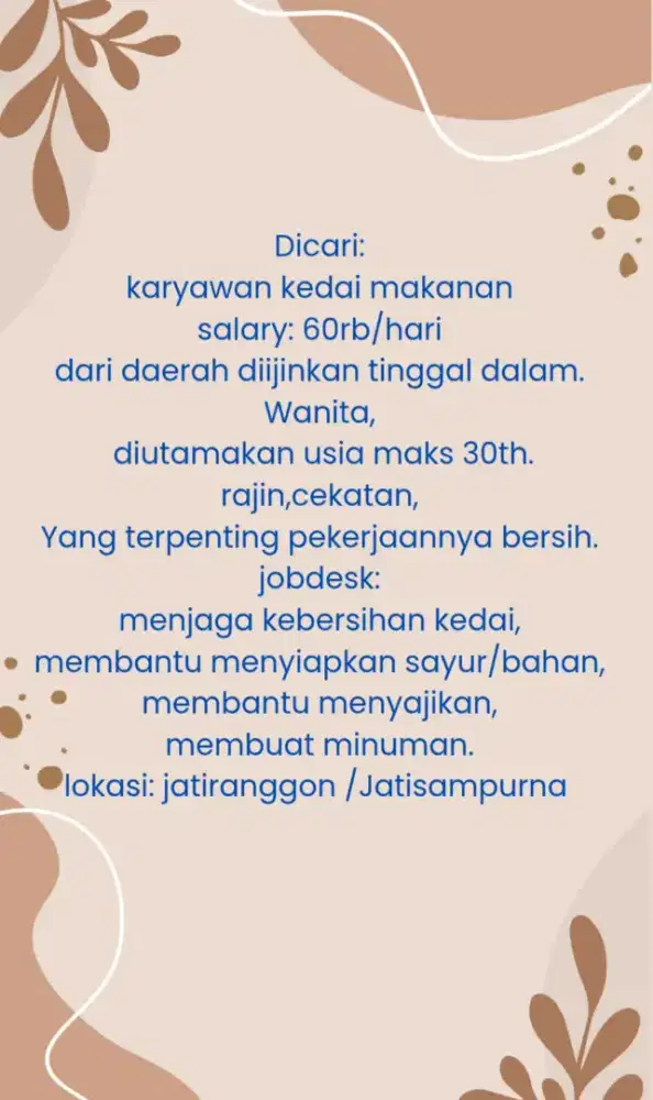 Dicari karyawan kedai makanan