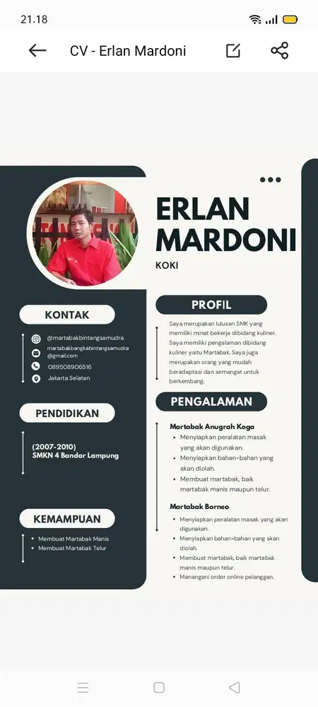 Cari pekerjaan Martabak manis dan telor atau f&b