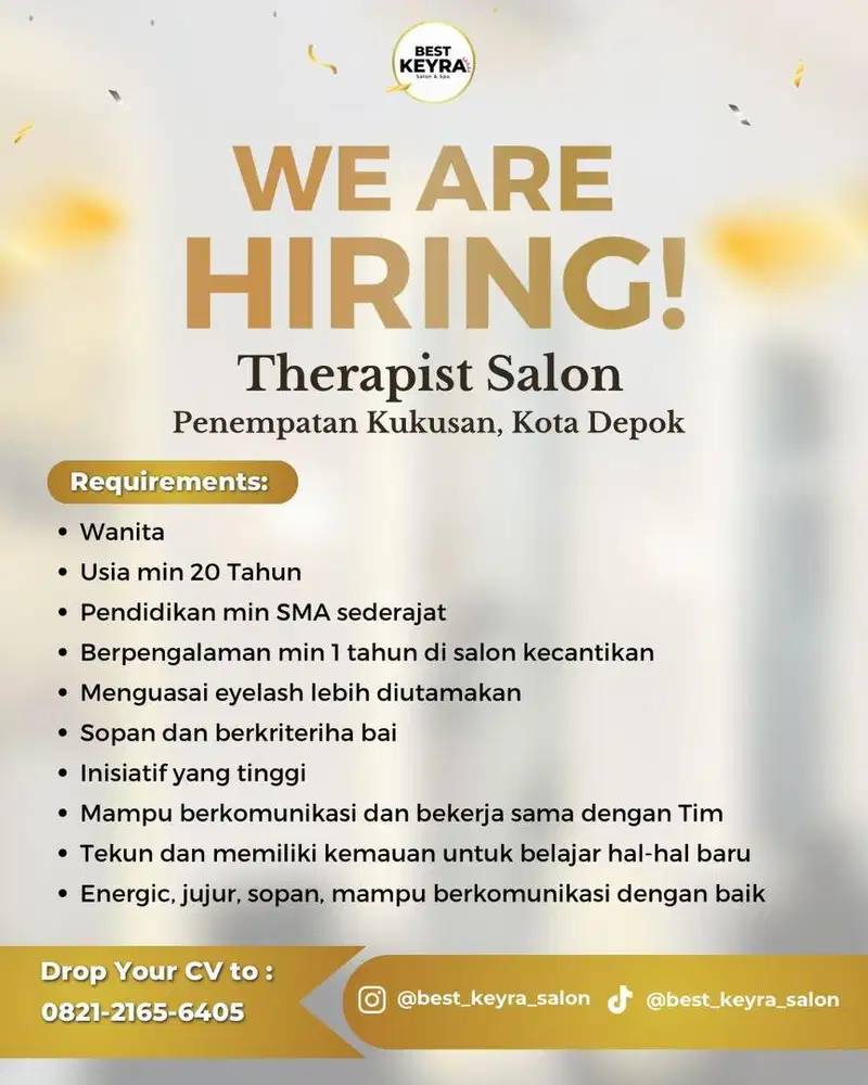 Dicari terapis salon berpengalaman