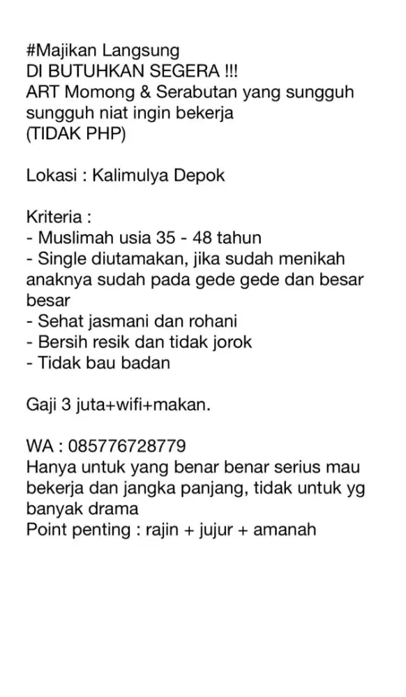 Dibutuhkan Art momong +menginap