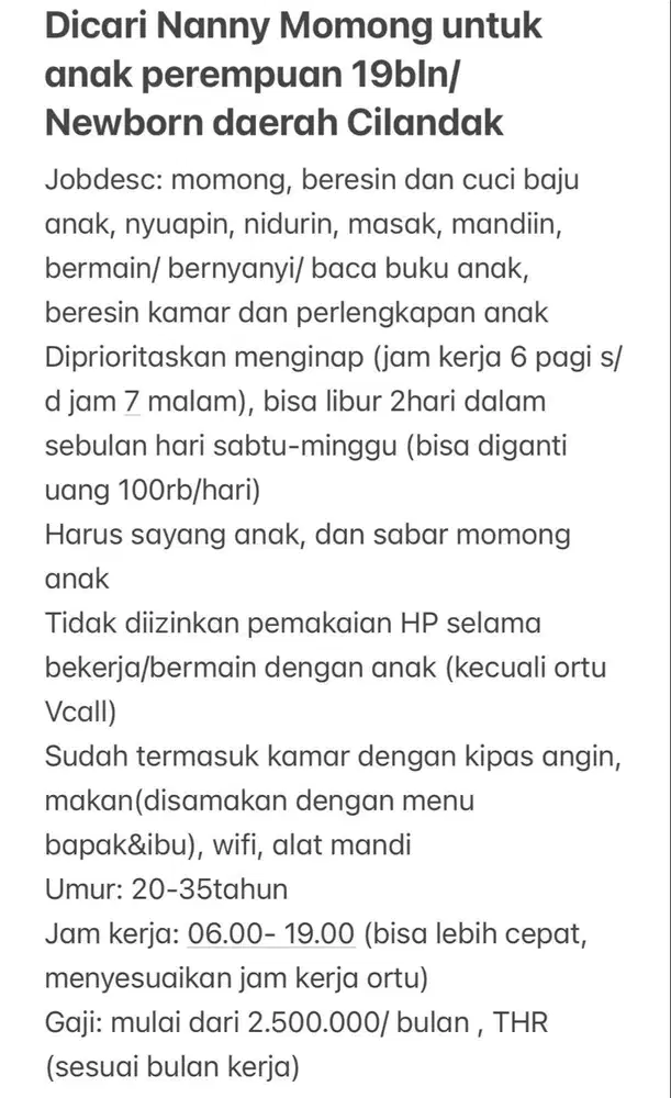 Dicari ART/ Baby Sitter momong