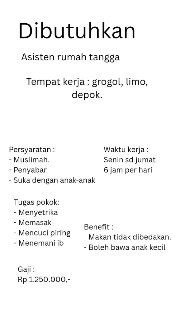Dicari ART untuk mengurus rumah