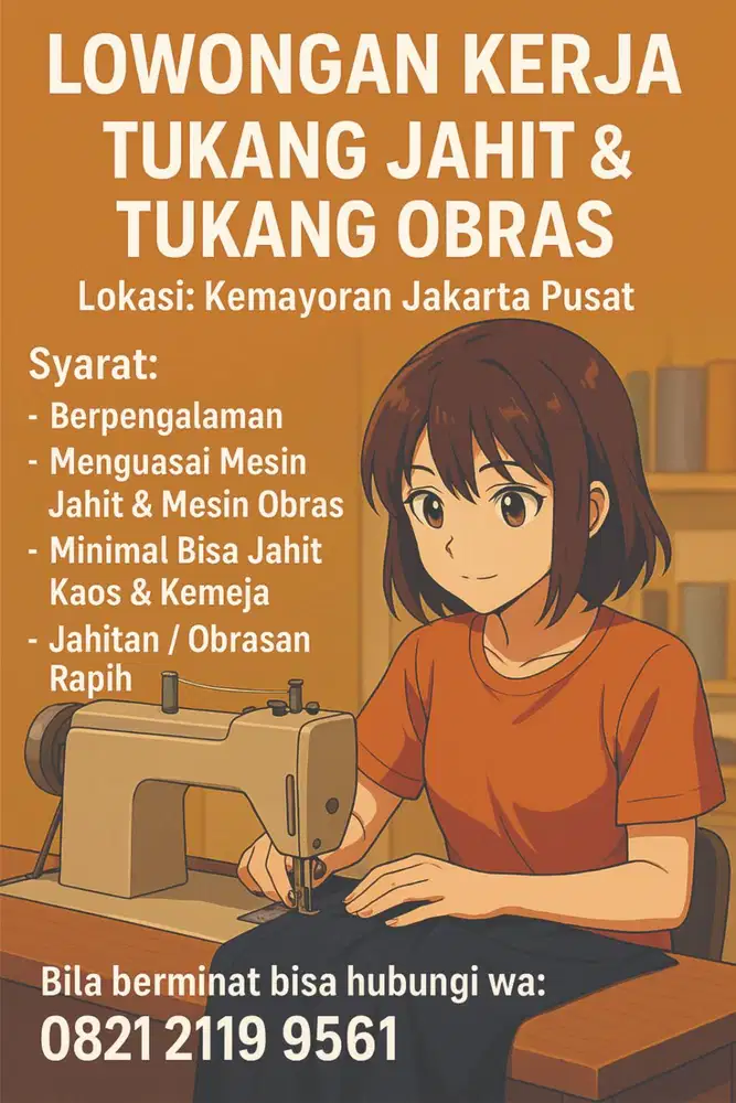 Lowongan Kerja / Loker Tukang Jahit / Tukang Obras Berpengalaman