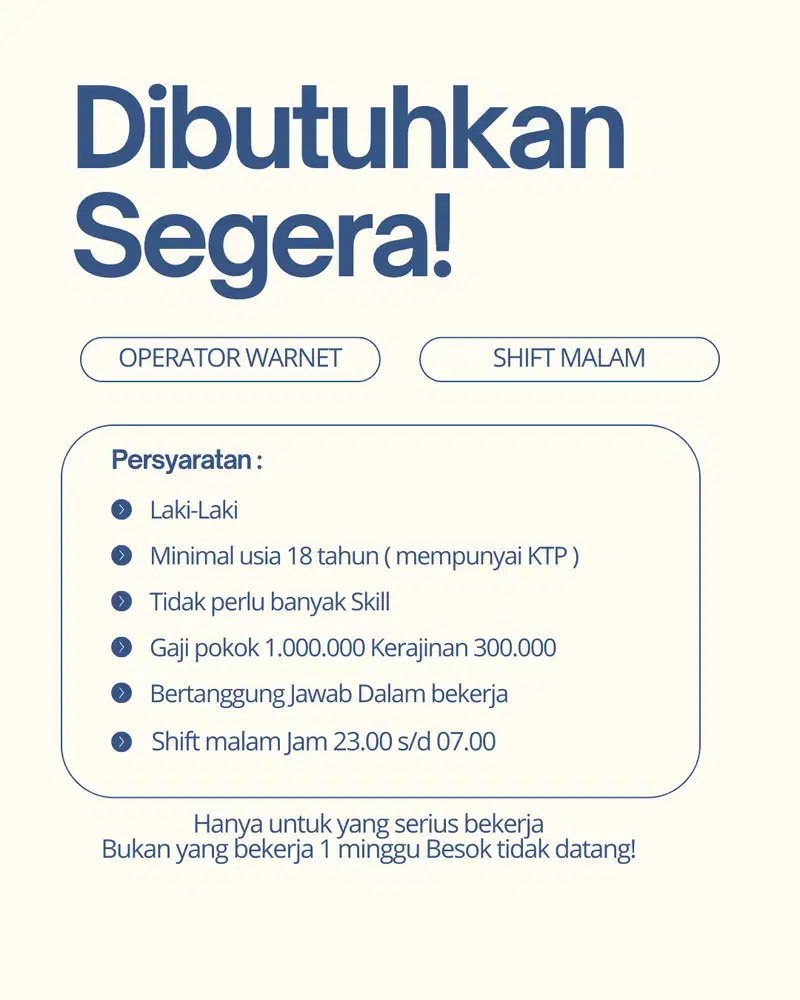Dibutuhkan karywan sebagai Operator warnet ( jaga kasir )
