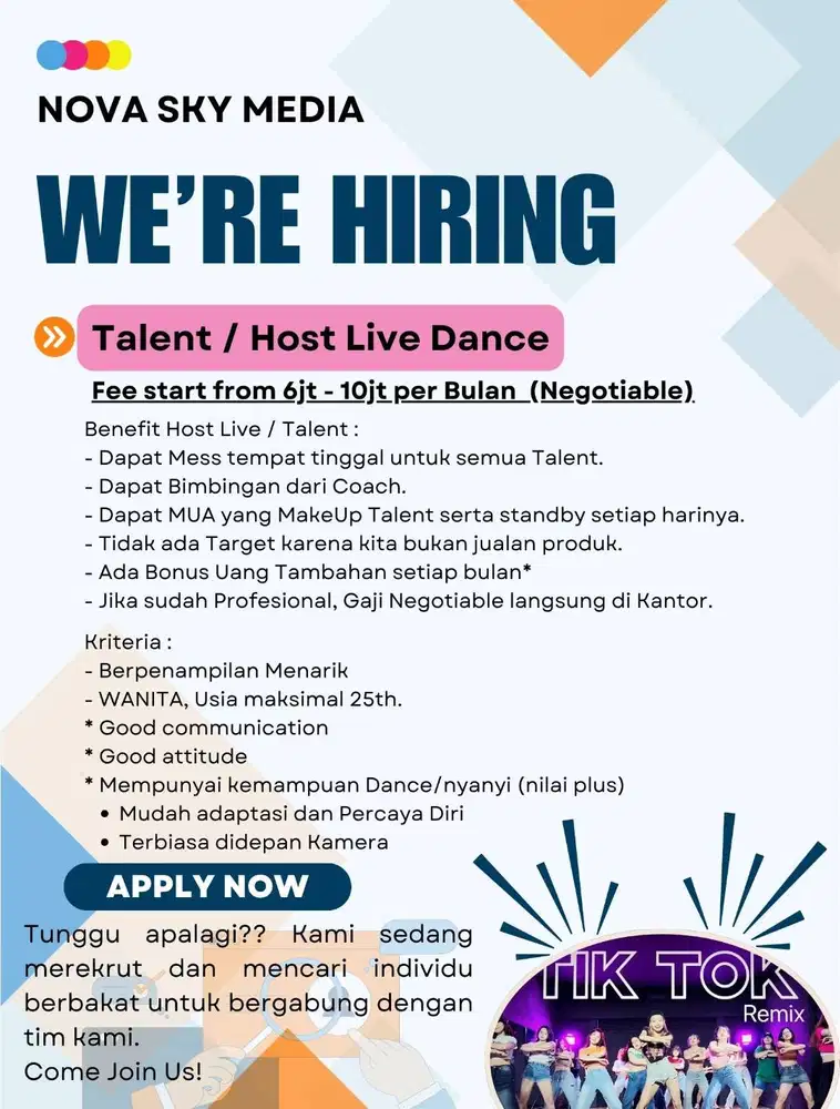 LOWONGAN KERJA HOST LIVE DANCE / TALENT