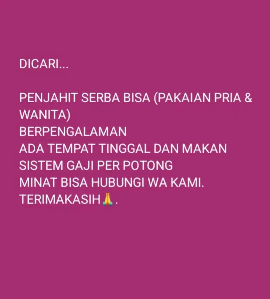 Lowongan kerja PENJAHIT