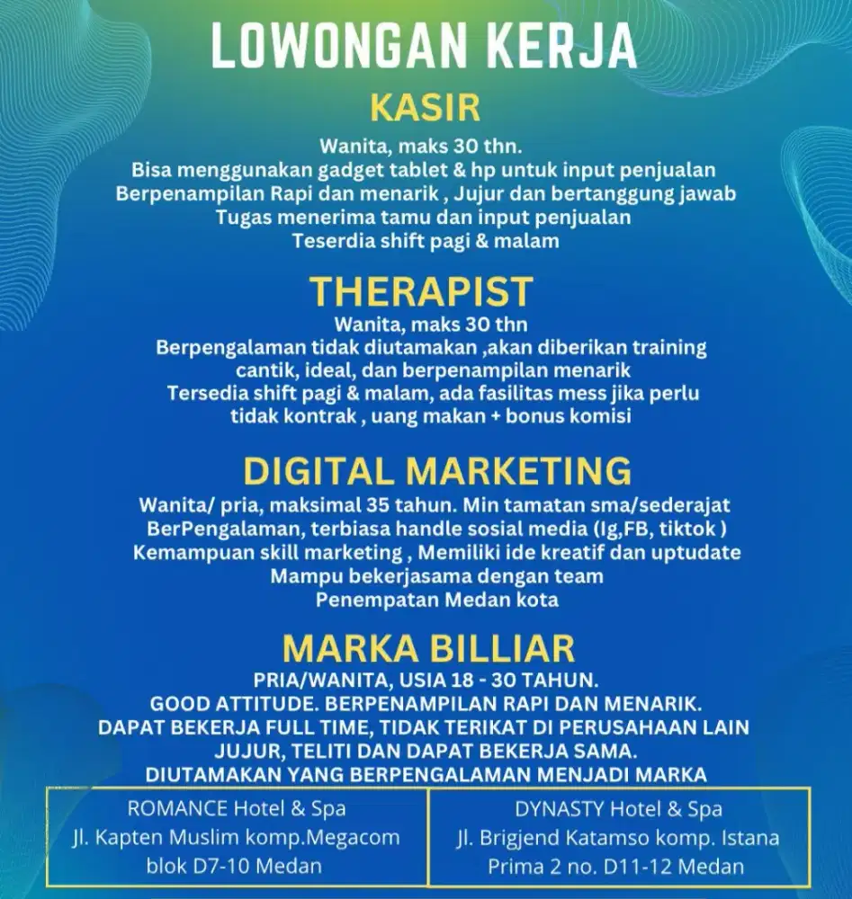 Dibutuhkan segera kasir, digital marketing, marka billiar terapis spa