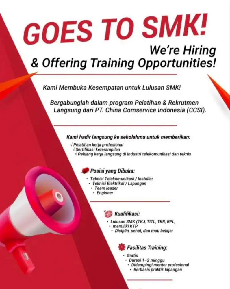 Lowongan teknisi telekomunikasi / installer