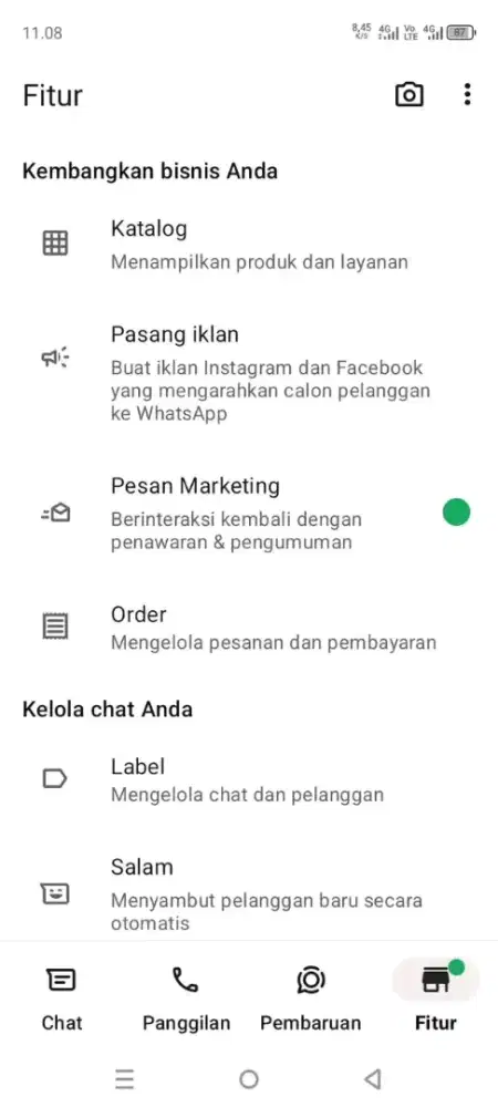 Dicari wa bisnis yang ada tulisan fitur pesan marketing nya
