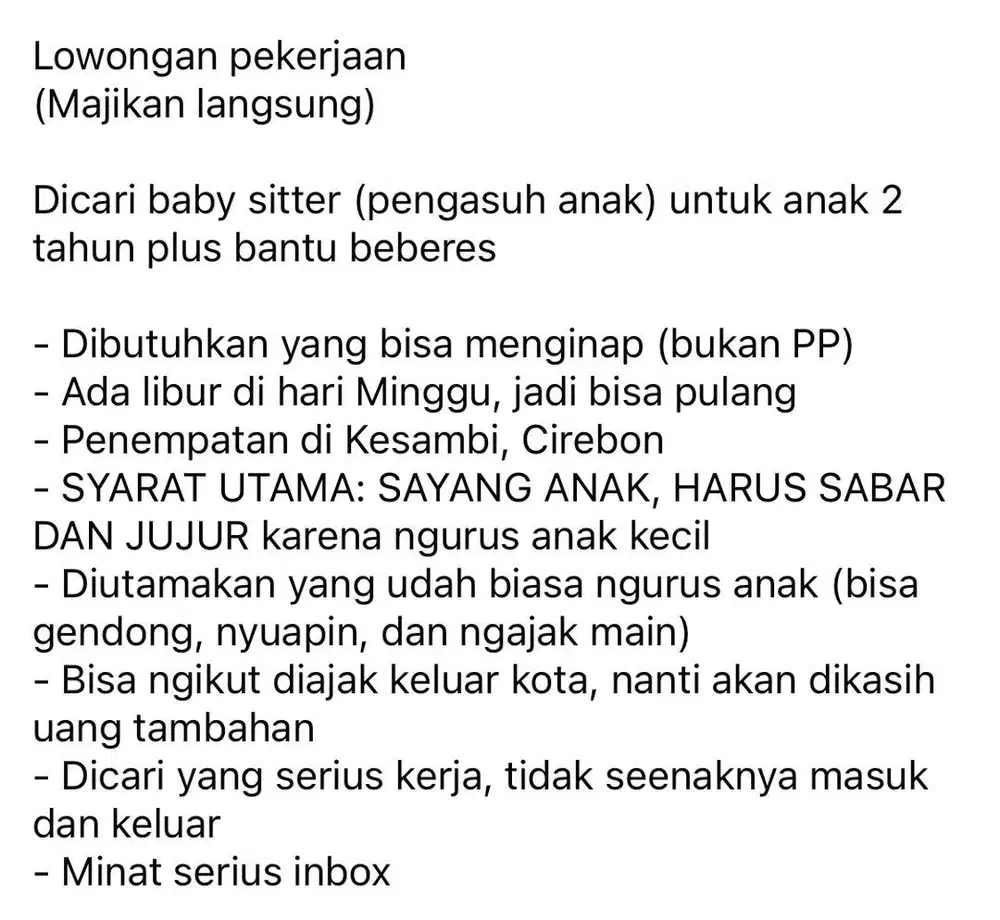 Lowongan baby sitter dan ART serabutan