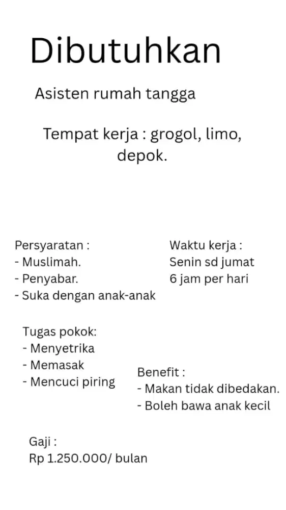 [DITUNDA] Dibutuhkan ART beres-beres rumah