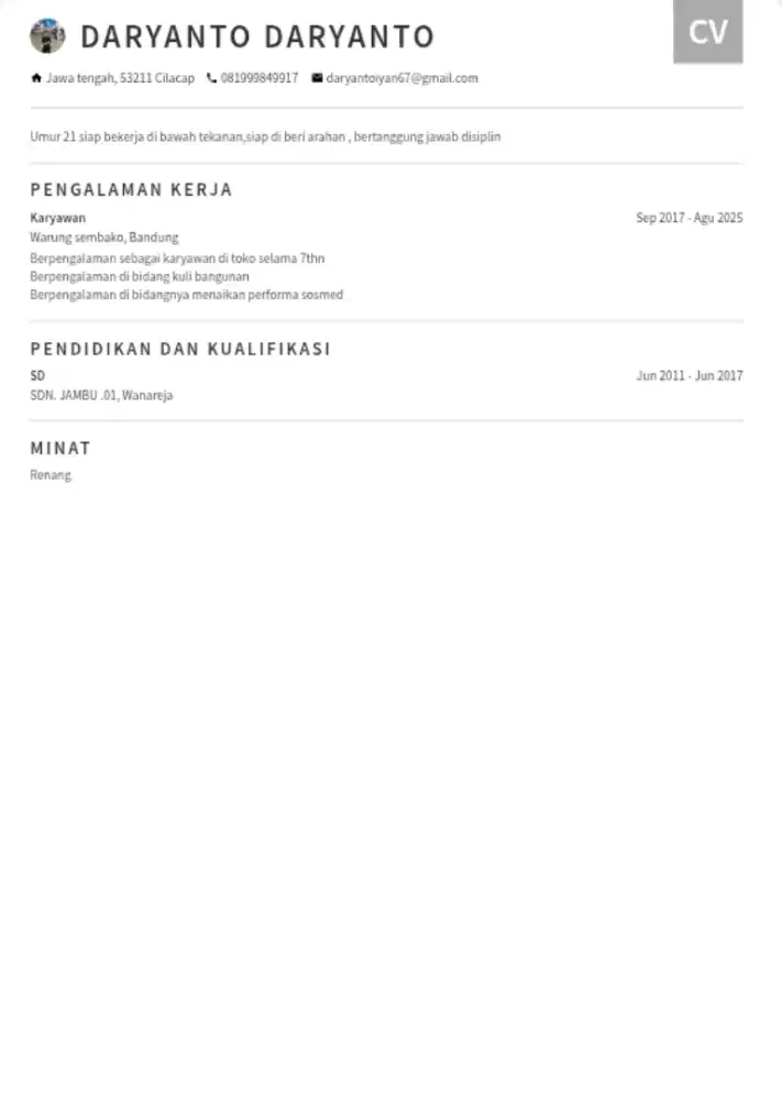 Info loker nya KA  persyaratan yang di miliki KK KTP umur 21