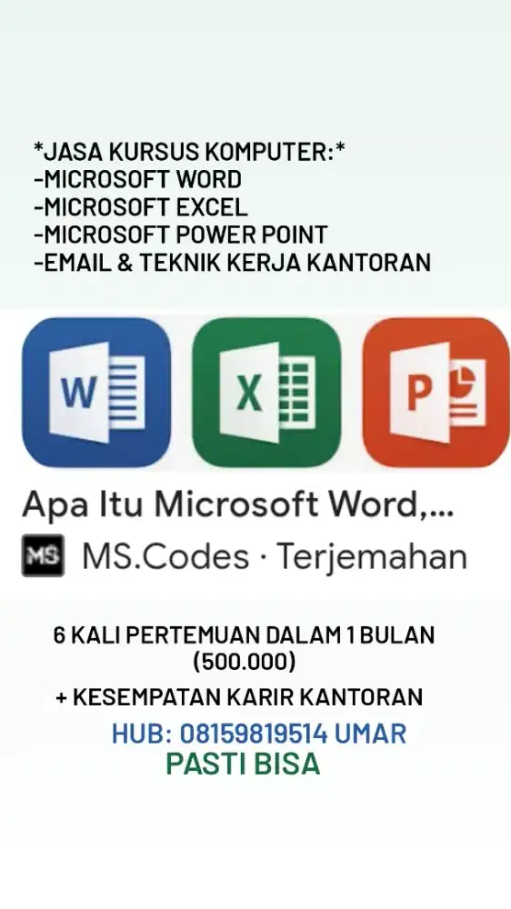 Kursus private komputer (jago excel, word, power point)