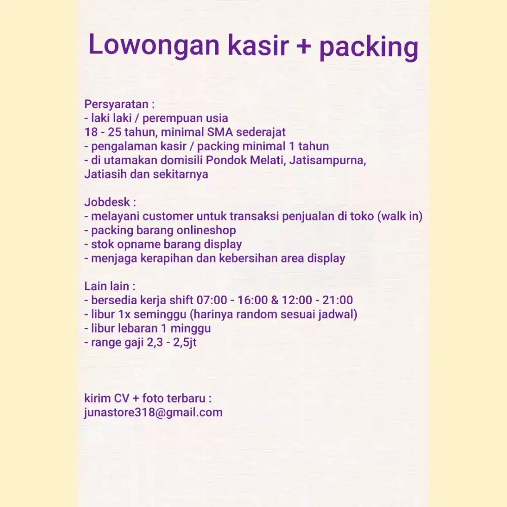 Lowongan kasir / packing