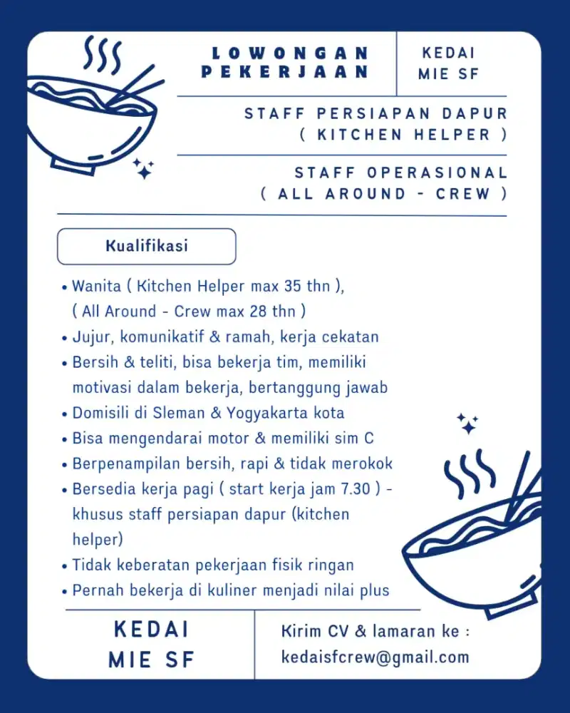 Lowongan Pekerjaan Kedai Mie SF - waitress & kitchen helper